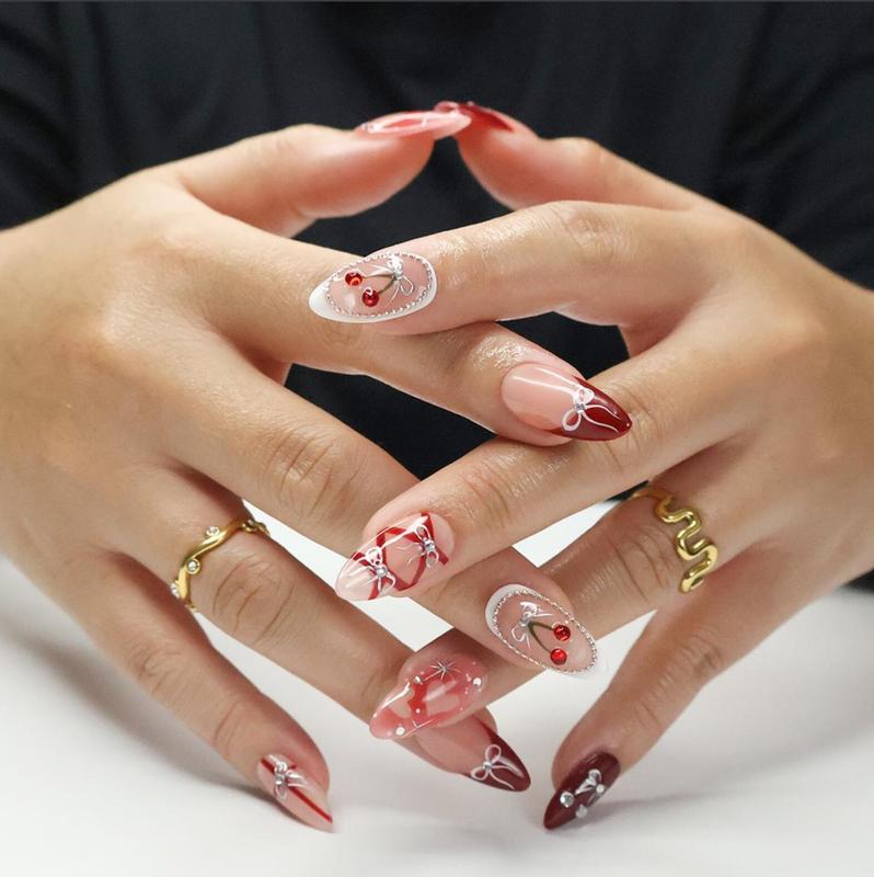 Press On Nails Cherry Charm with Silver Bows | 3D Pearl & Heart Nail Art in Medium Almond | Handmade Elegant Nail Art for Holiday, Birthday Satamiis