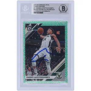 Giannis Antetokounmpo Milwaukee Bucks Autographed 2019-20 Panini Donruss Optic Choice Dragon Prizm #81 Beckett Fanatics Witnessed Authenticated Card - Fanatics Authentic Certified