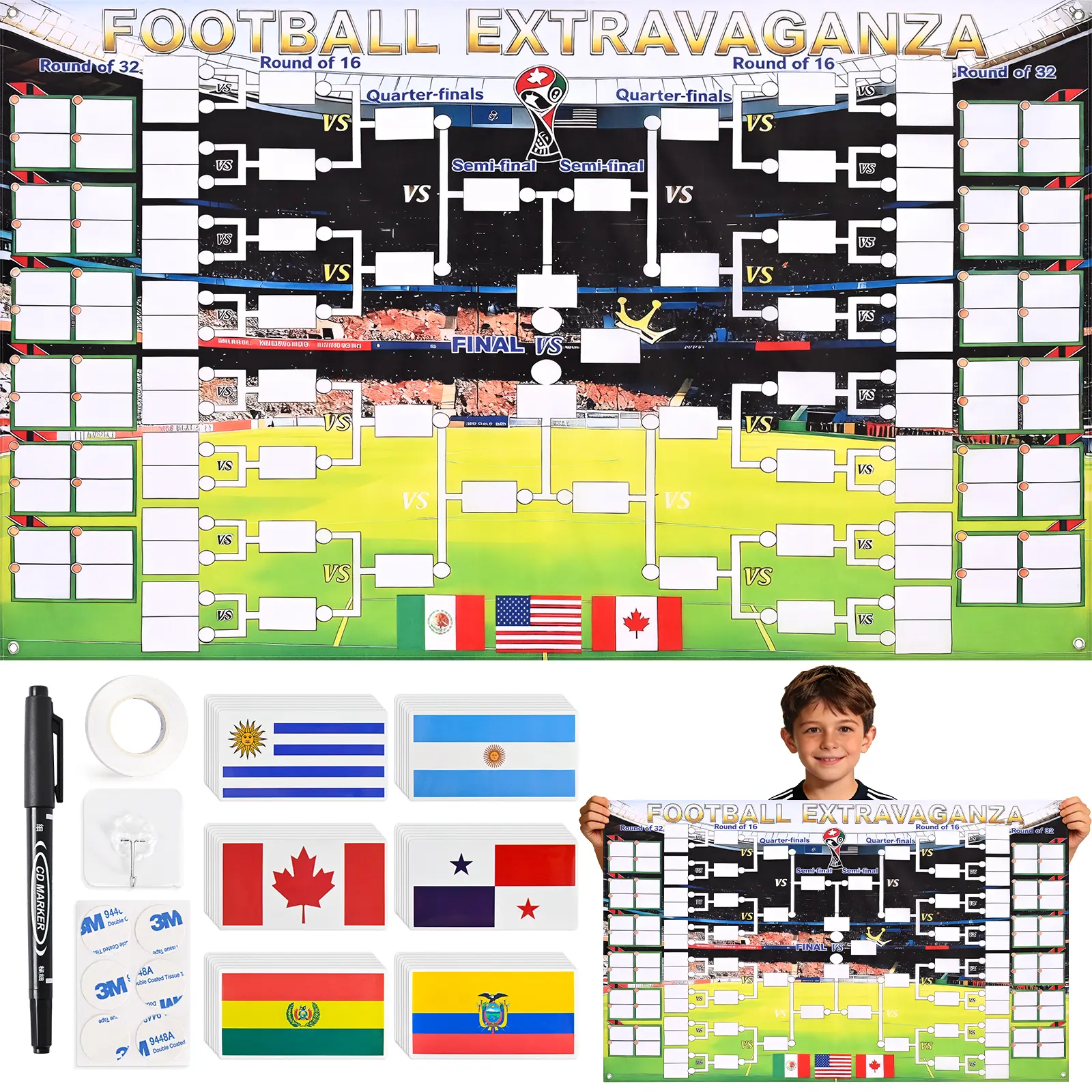 Summerwins Soccer Match Large Schedule Poster 59"x36" , 128PC Reusable National Flags Sticker, Soccer Schedule Posters with Full Match Timeline with Hooks,  Marker Pen, String, Summerwin Soccer Wall Chart Poster Set