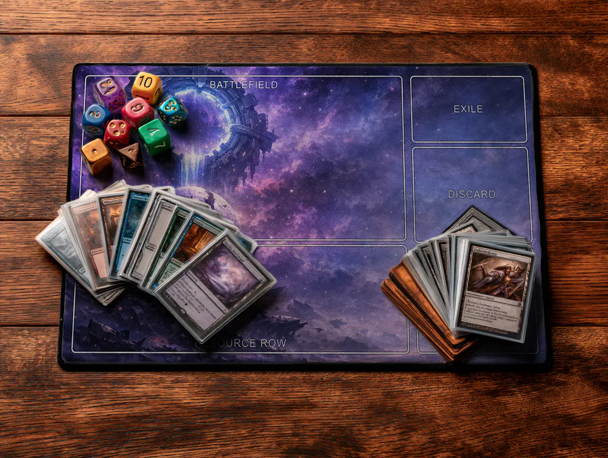 Cosmic Galaxy Card Playing Mat, Nebula Space TCG Mat with Zone Layout