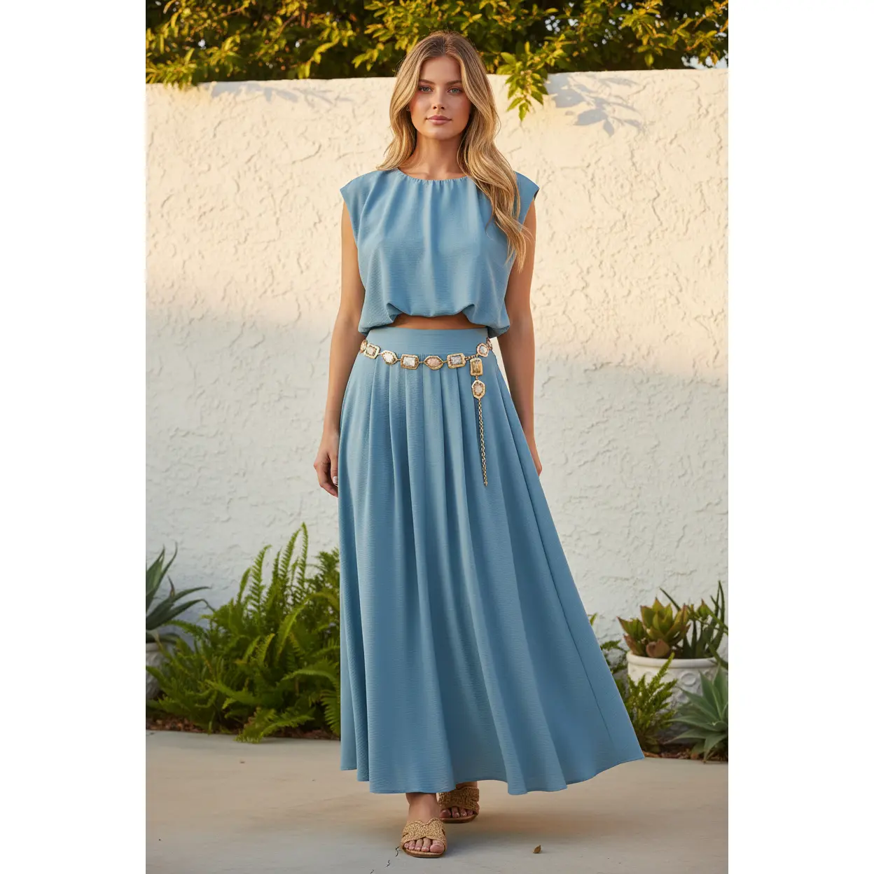 CHLOE BOX-PLEATED HIGH'LOW MIDI SKIRT WITH STRETCH WAIST