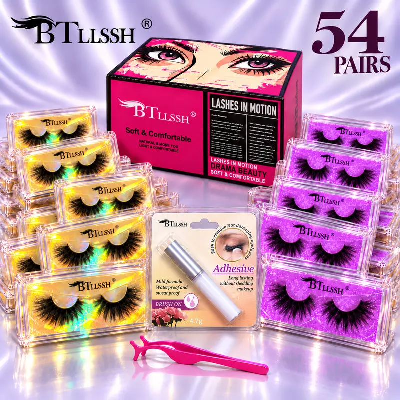 NO.4 False Eyelashes 54 Pairs 18mm Faux 3D Mink Lashes Natural Look Cat Eye Wispy Lashes Pack by BTLLSSH, Cosmetic Makeup
