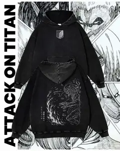 Attack on Titan Hoodie, 2 sided Eren Yeager Graphic, Snow Washed, Winter Warmth