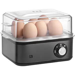 Stainless Steel Electric Rapid Egg Cooker, 8 Egg Capacity 500W, Soft/Medium/Hard Boiled Egg Boiler Poacher Steamer Omelet Maker, Knob Auto Shut-Off, with Recipe Guide Book (Black)