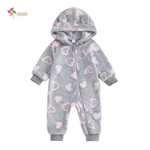 Infant Baby Winter Warm Flannel Romper Heart Pattern Full Zip Up Long Sleeve Hooded Jumpsuit With Ears Newborn Outfits