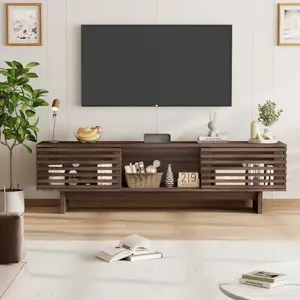 55/63 Inch TV Stand, Farmhouse TV Stand with Louvered Door, Mid Century Entertainment Center with Storage, TV and Media Console for Living Room, Walnut