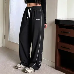 1-pack spring/summer polyester women’s loose athletic pants with side stripes, five-star print design, drawstring, casual street style long pants