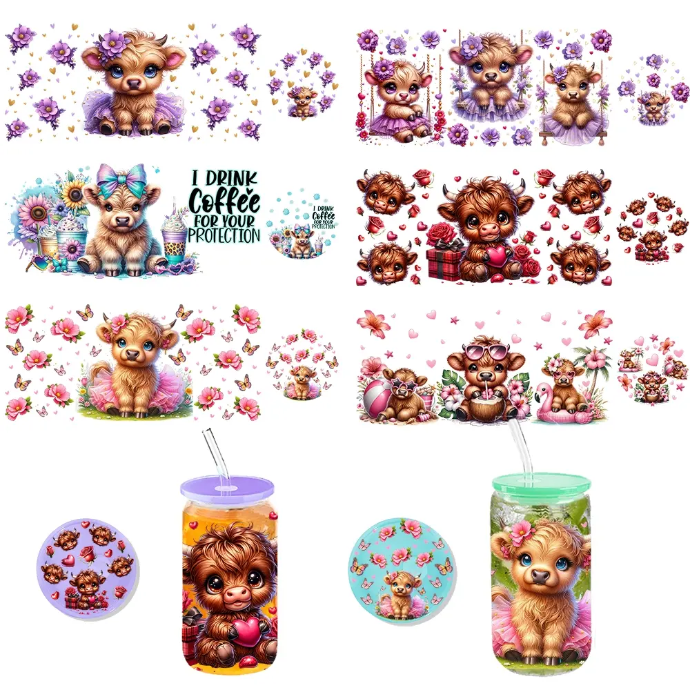 3 Sheets （cow） UV DTF Cup Wraps - Bundle 3 Sets （cow ）Decals for 16oz Glass Cups | Includes Lid Stickers (Top/Bottom), 12.32x4.33 Inch DIY Transfer Stickers, Holiday Gift Decor Floral Pattern Sticker for Coffee Mugs & Tumblers Sticker Packs