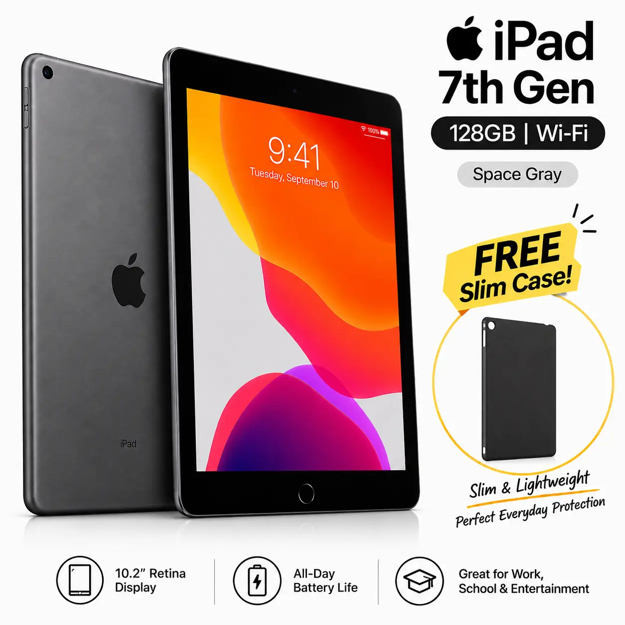 Refurbished iPad 7th Gen 128GB (WiFi) with Case -Acceptable Condition with 1 Year Warranty