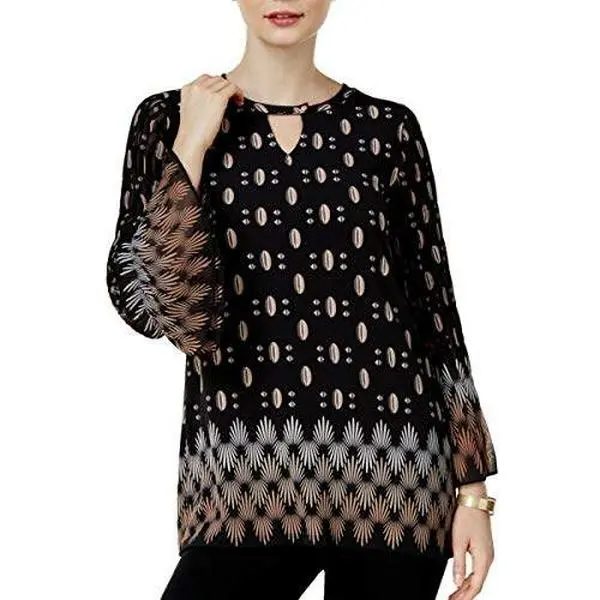 Alfani Womens Printed Bell Sleeves Tunic Top Black XL