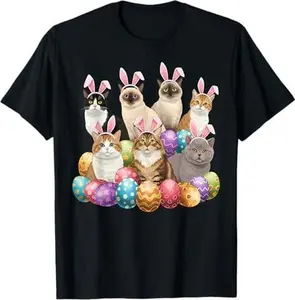 Easter Day Cat Bunny Ears Eggs Graphic Men Women Kids Funny T-Shirt