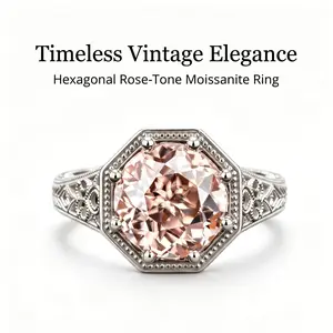 ZR S925 Silver Custom Vintage Hexagonal Rose-Tone 5CT Moissanite Ring - 【Bear】4746-1