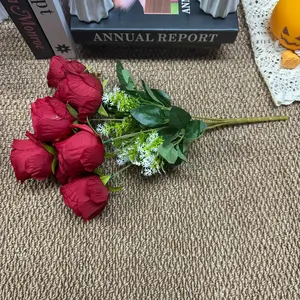 Artificial Flowers Silk Roses Real Touch Bridal Wedding Bouquet for Home Garden Party Floral Decoration 9 Heads Flowers (Blooming Roses - Gradient Burgundy Red)