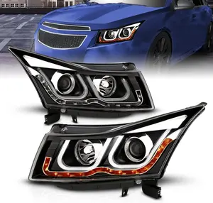 AmeriLite for 2011-2015 Chevy Cruze U-Type LED Tube Black Replacement Projector Headlights Pair w/Bulbs - Passenger and Driver Side