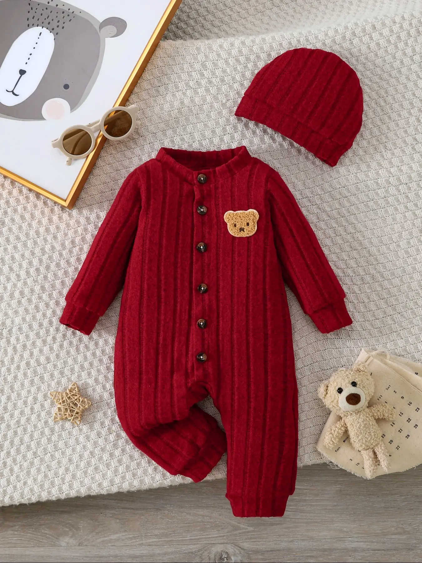 Baby Girl Knitted Romper Set with Bear Patch and Button Design, Soft Warm Knit Hat, Casual Style, Perfect for Daily Wear, Baby Girl Clothes