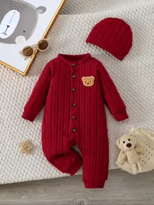 Baby Girl Knitted Romper Set with Bear Patch and Button Design, Soft Warm Knit Hat, Casual Style, Perfect for Daily Wear, Baby Clothes Girl