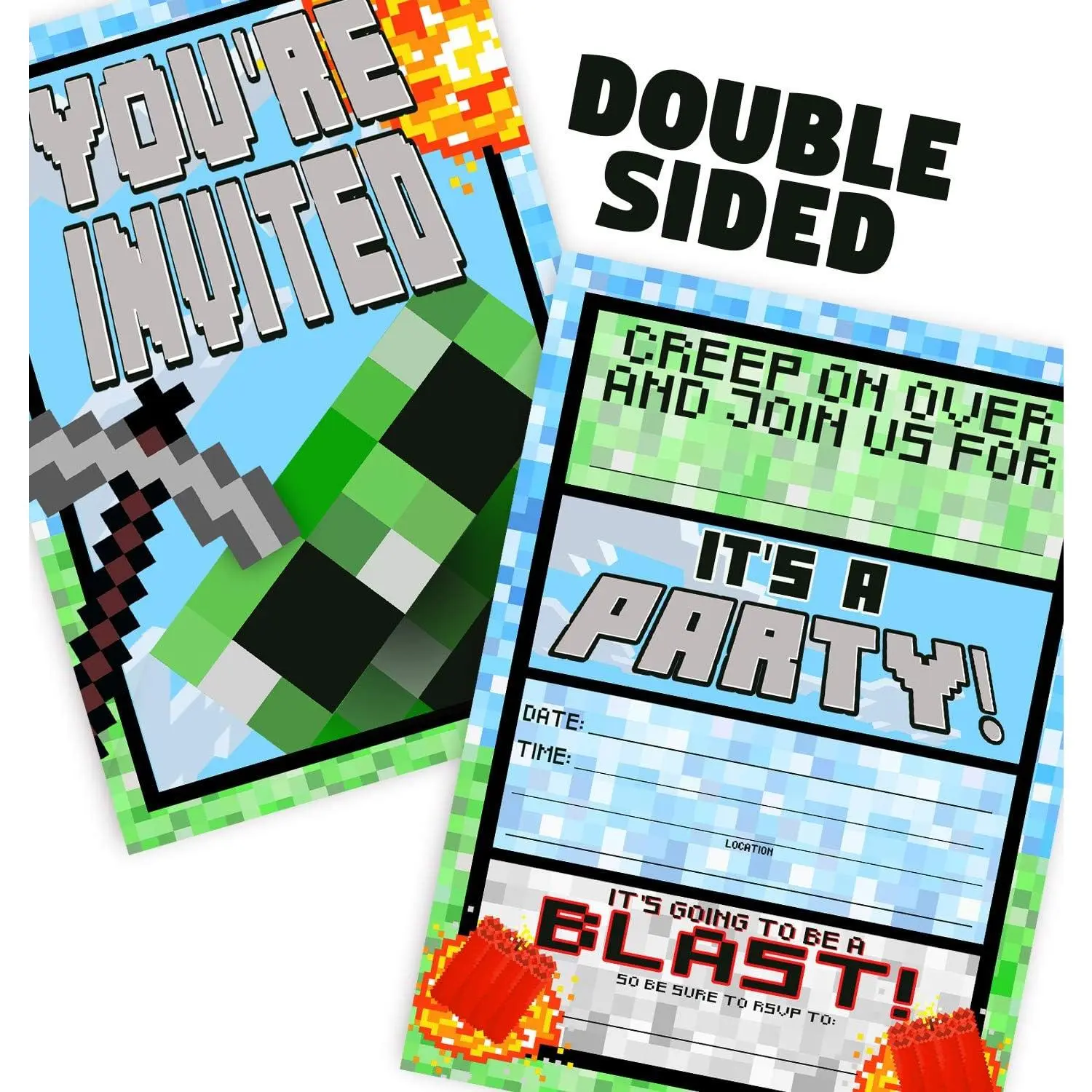 Pixel Party Invitations - 12 Invitations + 12 Envelopes - DOUBLE SIDED - Video Game Invitations - Game Truck Party Supplies - Brights 12ct