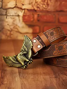 1.46 inches/3.7cm wide Western style waist belt with smooth Western style large buckle "Flying Eagle" pattern, black and brown, round hole, men's and women's waist belts, decorative waist belts, Western style clothing accessories, Pu Leather Belt