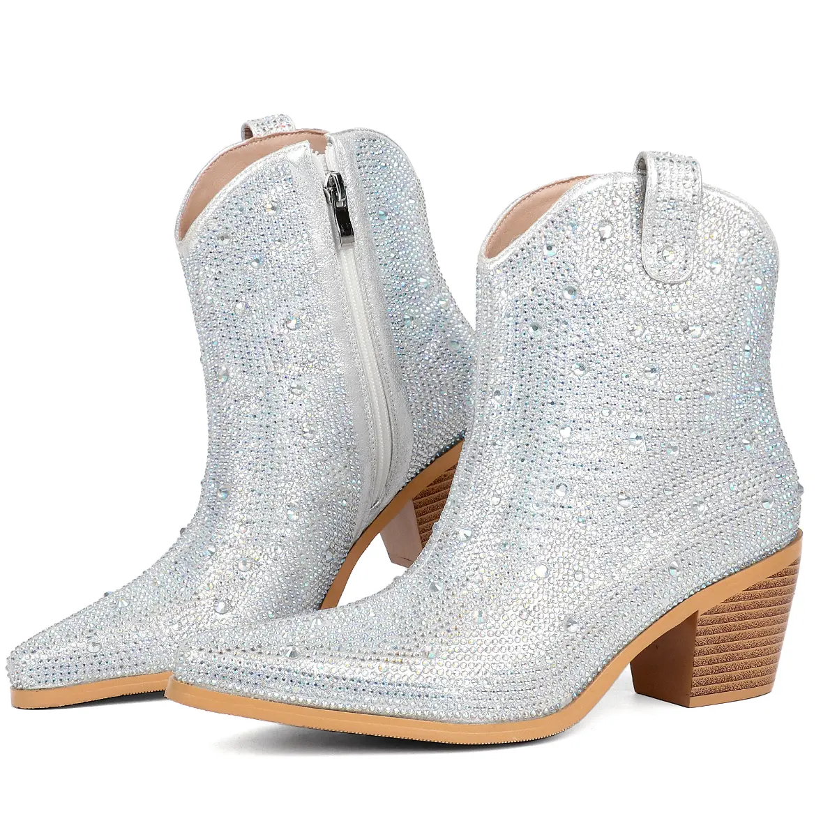 Women Rhinestone Boots Ankle Boots Cowgirl Western Boots Glitter Sparkly Wedding Bridal Winter Shoes Silver Footwear Walking Shoes Chunky Pointed Stylish Comfort