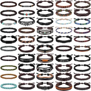 50 Pcs Braided Leather Bracelets for Men Women Wrap Wooden Bead Cuff Bracelet Hemp Cords Ethnic Tribal Handmade Wrap Wristband Bracelets Set Adjustable for Personal Wearing