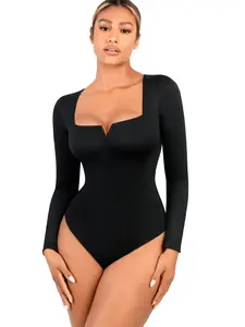 FeelinGirl Women's 2024 Fashion Square Neck Bodysuit for Women Long Sleeve Tummy Control Bodysuit Going Out Basic quare neck Breathable Style Cotton