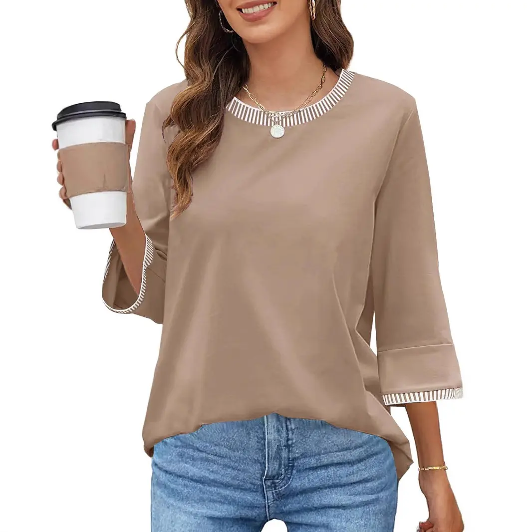 Women's Contrast Thread Round Neck Solid T-Shirt