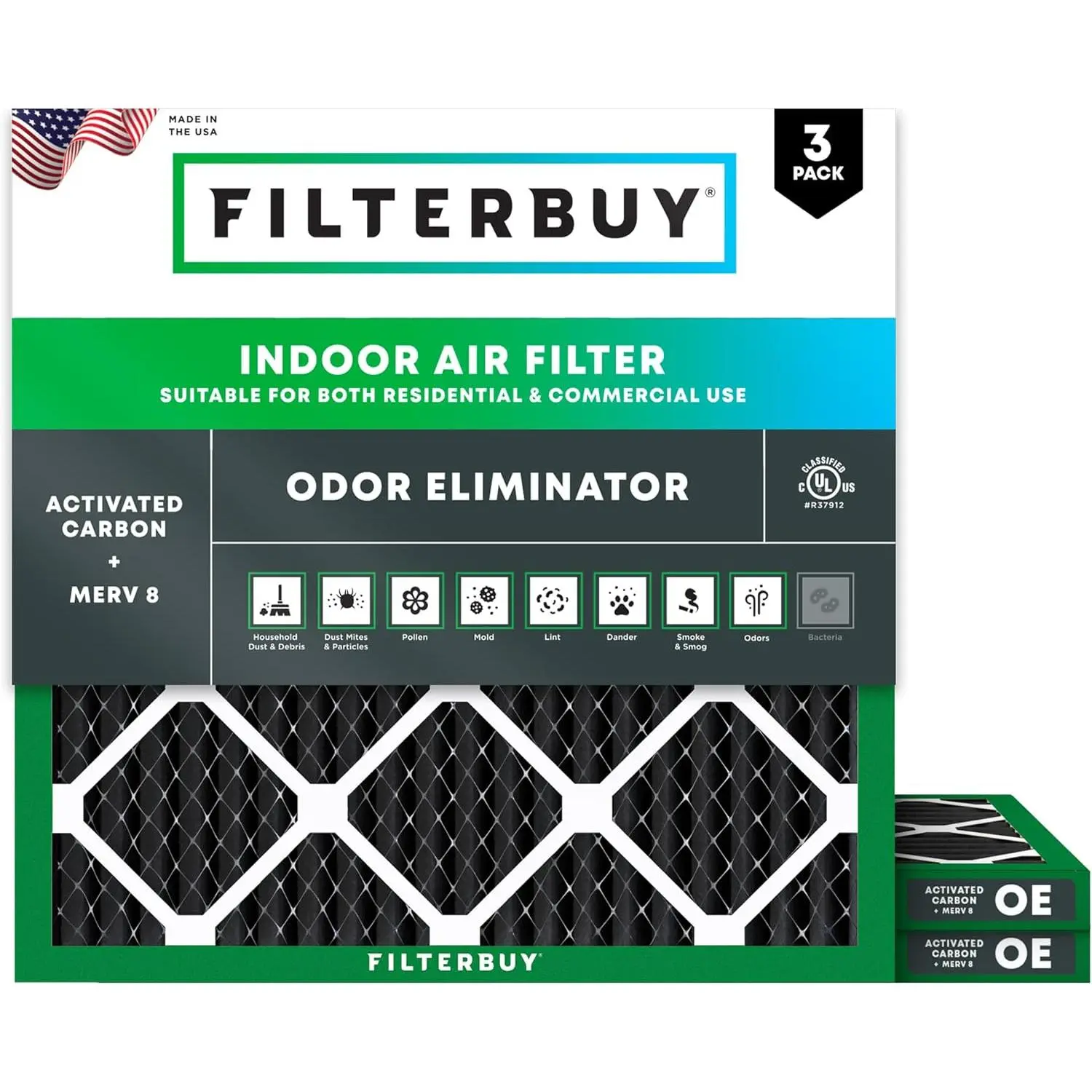 Filterbuy Durable Replacement 20x20x1 Air Filter (3-Pack), Pleated MERV 8 Odor Eliminator for HVAC AC Furnace (Actual Size: 19.50x19.50x0.75 in)