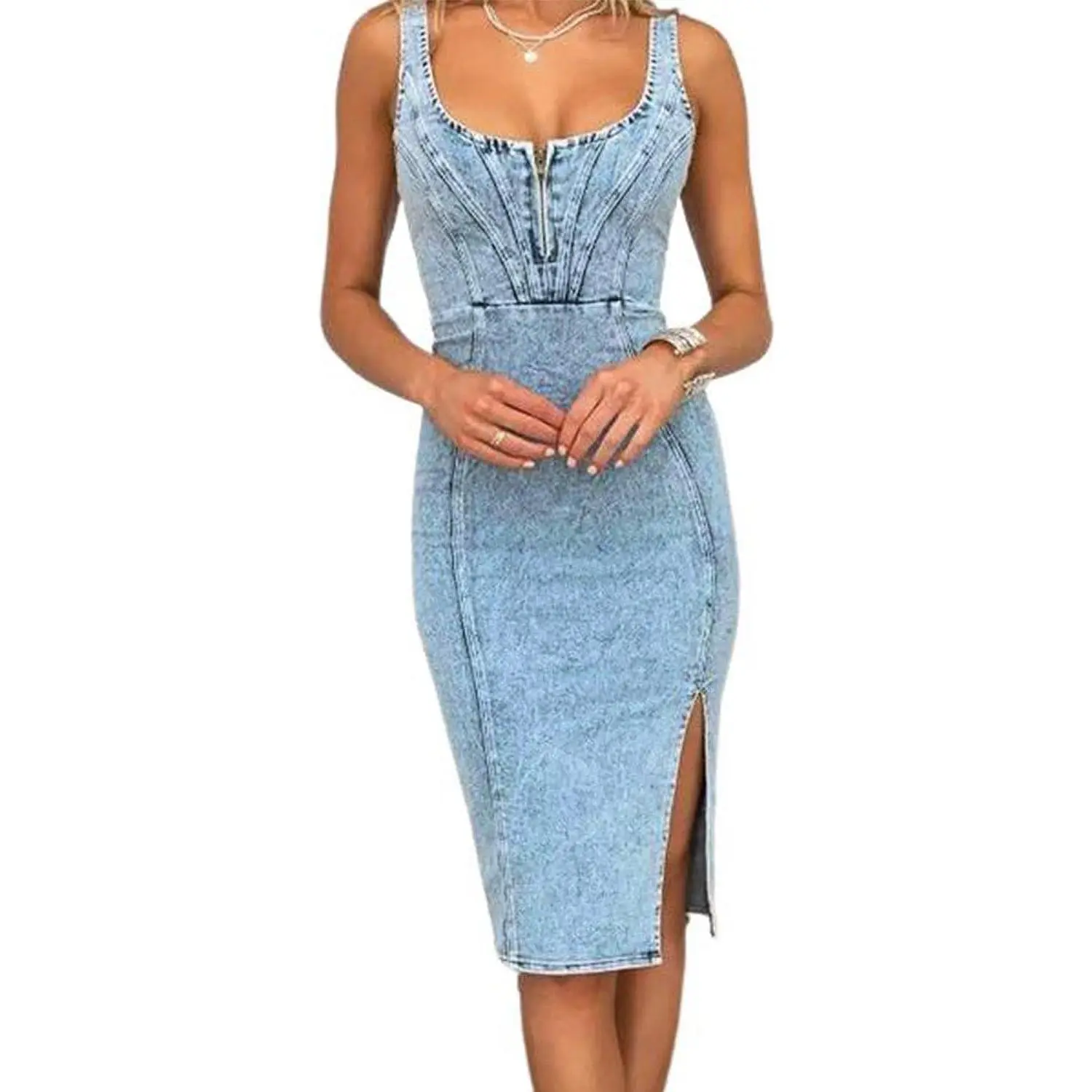 Denim Dress for Women Sleeveless Side Slit Midi Jean Dresses for Women 2025  - TikTok Shop