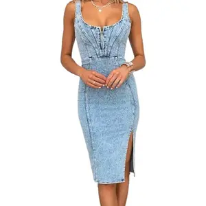 Denim Dress for Women Sleeveless Side Slit Midi Jean Dresses for Women 2025
