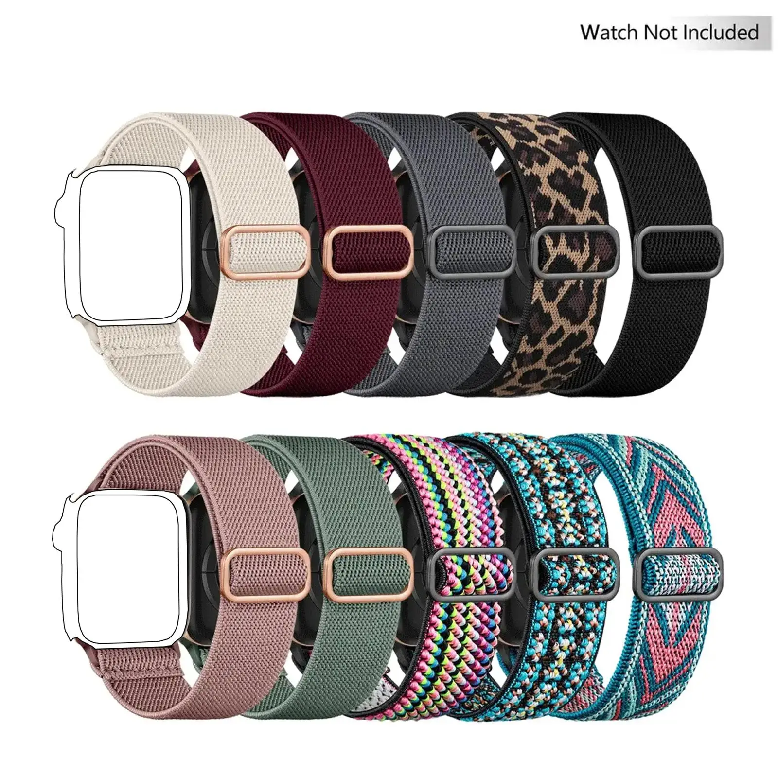 Stretchy Solo Loop Nylon Watch Band, 10pcs Soft Elastic Braided Wristband for iWatch Ultra 9 8 7 6 5 4 3 2 1 SE, Compatible with Apple Watch, Broad Co