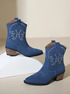 Women’s Western Short Cowboy Boots, Cowgirl Western Boots, Embroidered Slip-On Ankle Booties, Comfortable Pointed Toe Low Heel Walking Shoes, Vintage Fall Winter Fashion, Western Rodeo Boots