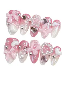 10pcs Premium Handmade Almined Gradient Pink Acrylic Nails With Crystal Heart & Bow Decorations, Pink Pearly Nail Stickers Glue-On Press On Nails