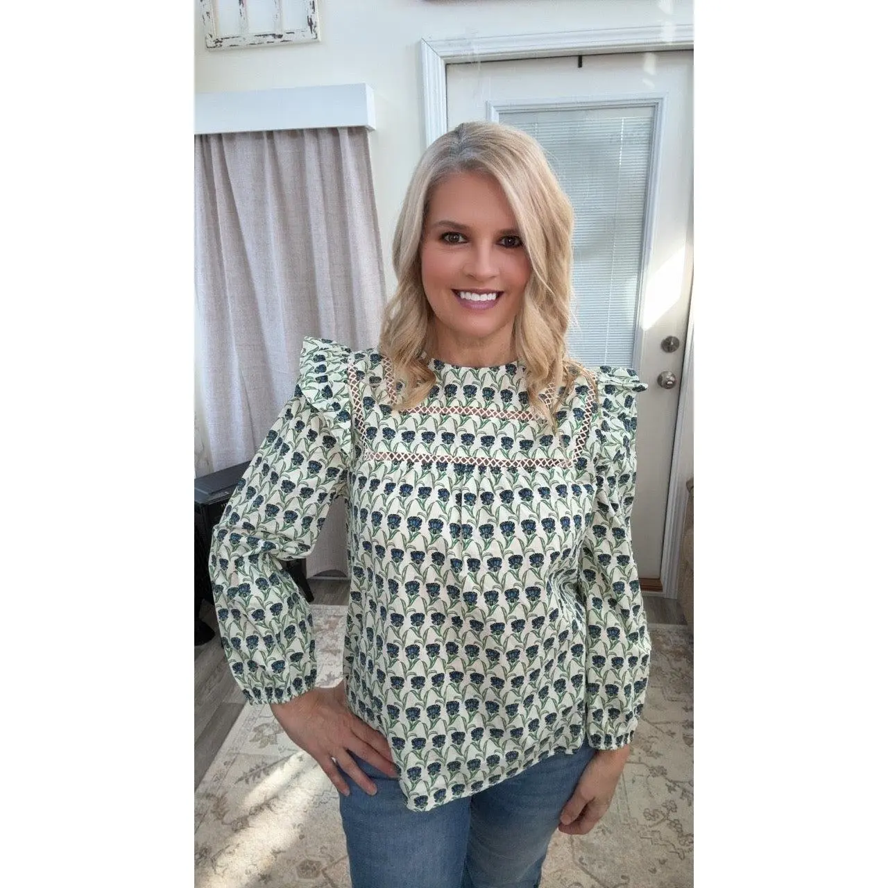 Green & Blue Floral Peasant Blouse