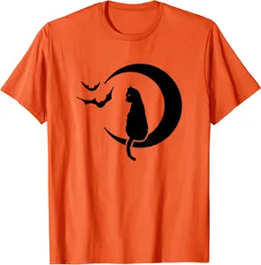 Crescent Moon Cat Sitting Bats Flying / Halloween Art Spooky T-Shirt - Ajitasirba Shop 21B0CCCD1T3J