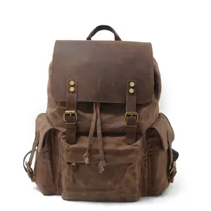 Waterproof batik canvas men's bag with leather backpack, vintage backpack, outdoor travel bag, large capacity bag