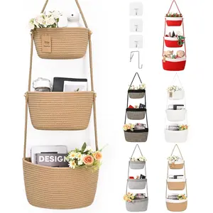 Hanging Over the Door Cotton Wall Hanging Storage Basket with 4 Hooks