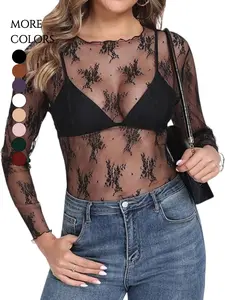 Women's Mesh Top, Transparent Lace Layered Medium Round Neck Sheer Shirt, Elegant and Stylish Design for Daily Wear