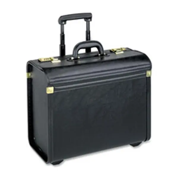 Men's Vinyl Rolling Catalog Briefcase - Oversized 22in x 14in x 8in, Black, Built-in Wheels, Push Button Telescoping Handle, For Samples, Business Casual