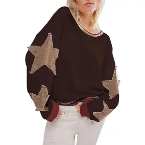 utcoco Oversized Sweatshirt for Women Star Patches Crew Neck Long Sleeve Shirts Hoodies Fashion Y2K Tops