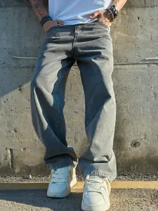 Men's Grey Vintage Distressed Wide Leg Baggy Jeans, Relaxed Fit Loose Straight Plain Cotton Denim Trousers with Zipper Pockets, High Quality Durable Casual Streetwear