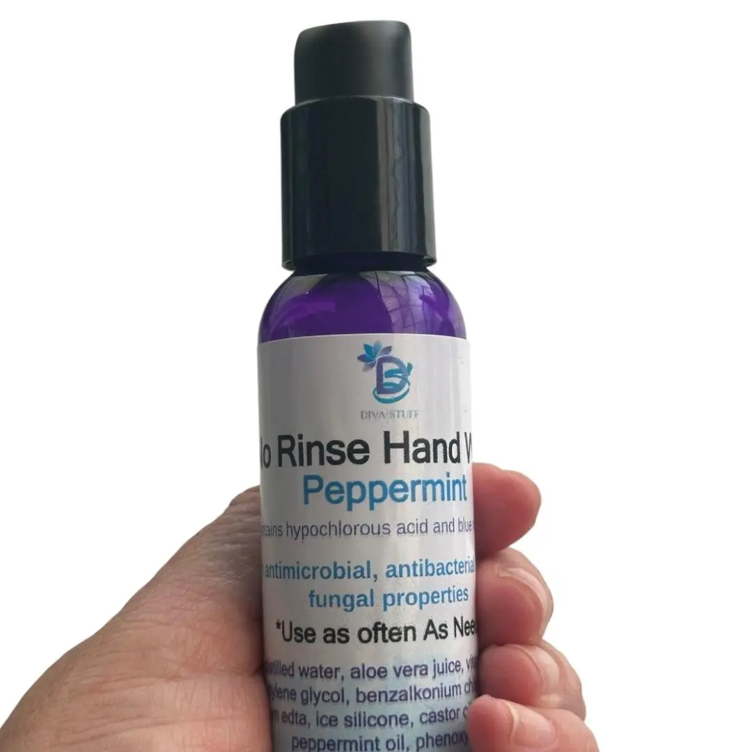 Diva Stuff No Rinse Peppermint Hand Wash, Loosens Grime and Contains Blue Methylene, Hypochlorous Acid and Benzalkonium Chloride, 2 oz