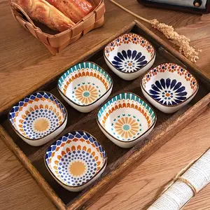 Elegant Porcelain Dipping Bowls Set, Square Bohemian Style Sushi Condiment Cups, Various Patterns, Ideal for Home & Restaurant Use