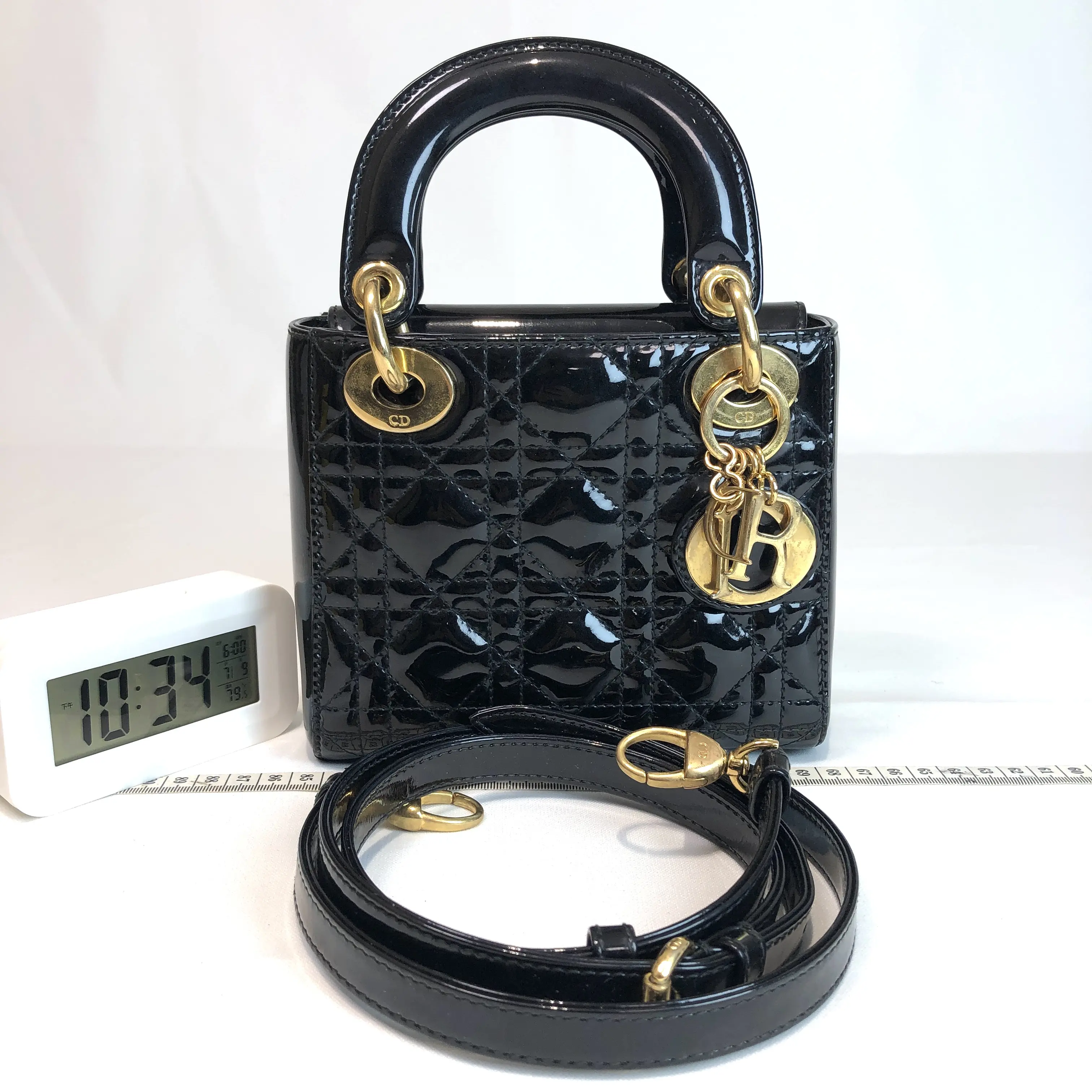 Pre-owned Dior leather Crossbody Bags Mini Lady Black Patent Cannage Wide Strap Bag 001348
