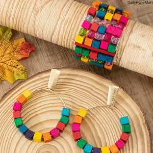 Boho Ethnic Knitted Wood Bead Bracelet, Natural Square Bead