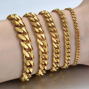 3/5/7/9/11mm 14K Gold Plated Stainless Steel Curb Cuban Link Chain Bracelet for Men Woman Beautiful Fashion Bracelets 7-10 inch jewelry