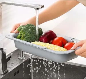 Expandable Over Sink Colander Basket, Multi-Use Strainer for Fruits, Vegetables & Pasta, Dish Drying Drain Basket, Adjustable Kitchen Sink Organizer (Grey)