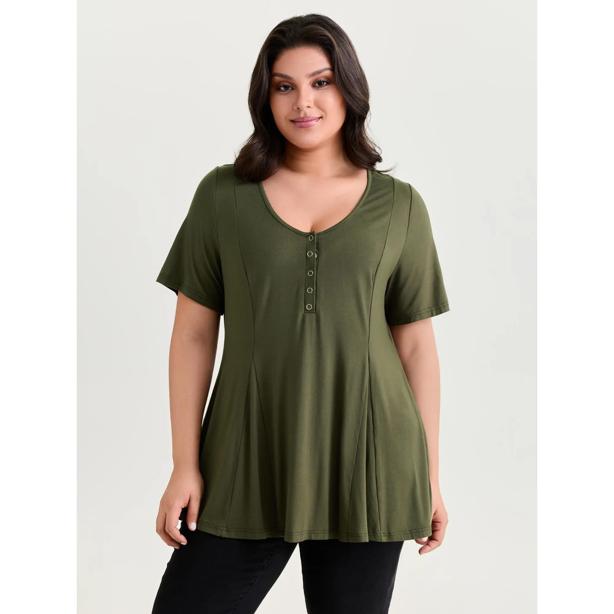 BloomChic Plus Size Solid T-Shirt in Breathable Rayon, a Simple Comfy Garment with Grommet Detail for Everyday Casual Vibes, Basic, Shortsleeve, Spandex, Fabric