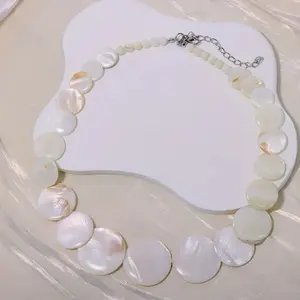 Pearl Flat Shell Necklace - Simple Design with White Shell Beads and Chain Jewelry Accessory