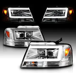 AmeriLite for 2004-2008 Ford F150 C-Type LED Tube Square Projector Clear Chrome Headlights Assembly Pair - Driver and Passenger Side