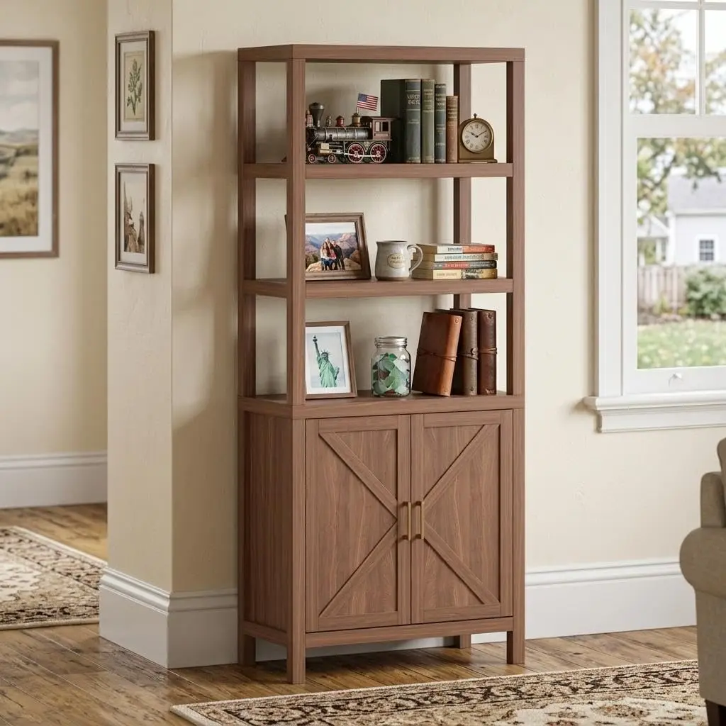 Rustic Oak Traditional 71-in 5-Tier Sturdy Farmhouse Bookcase - X-Patterned Doors Enclosed Cabinet, Adjustable Shelves, Anti-Tip Kit, Family-Friendly Safety, Assembly Required - Freestanding Indoor Furniture for Home Office, Living Room